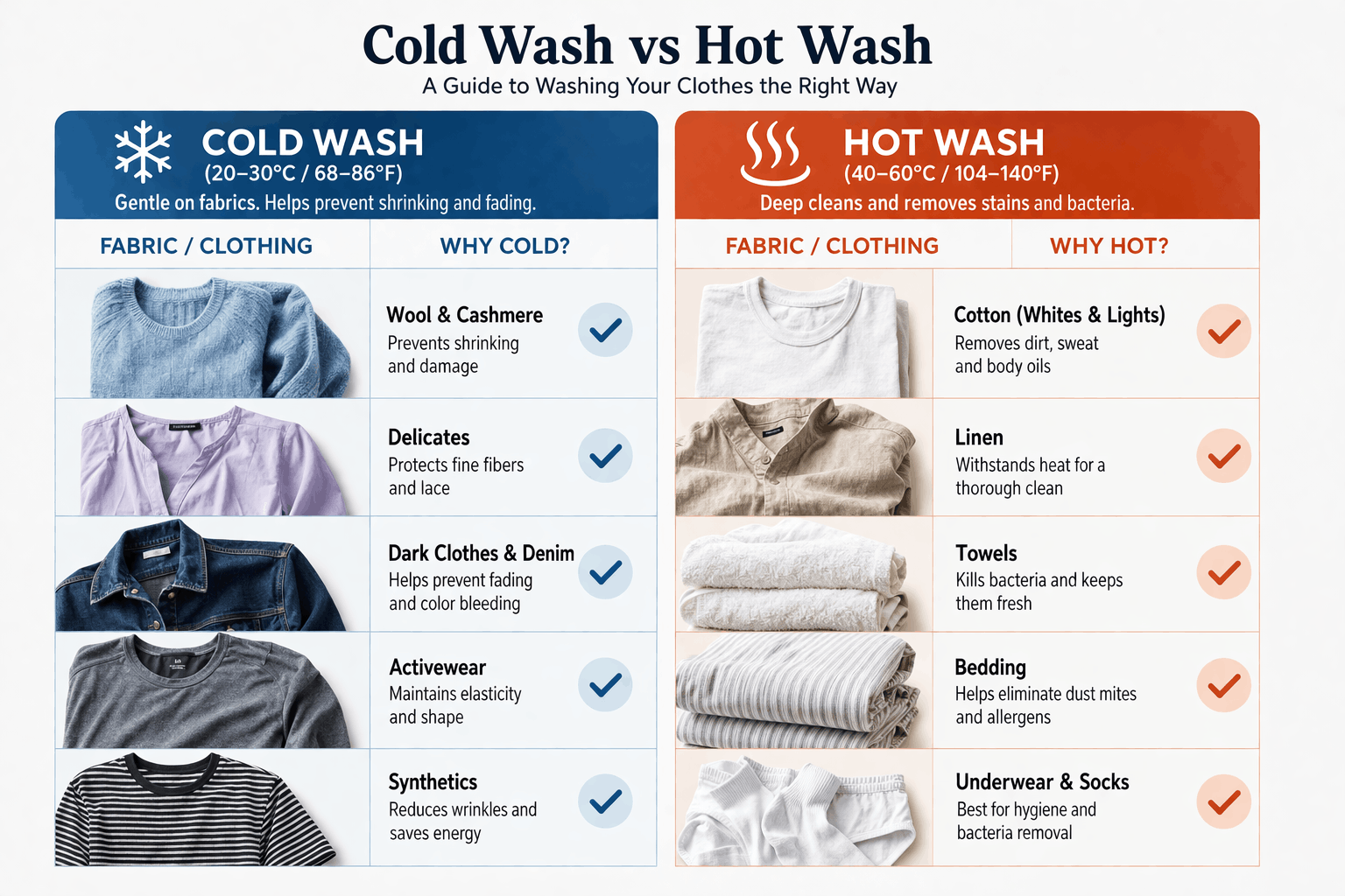 A comparison chart showing which fabrics should be washed in cold water vs hot water for optimal care.
