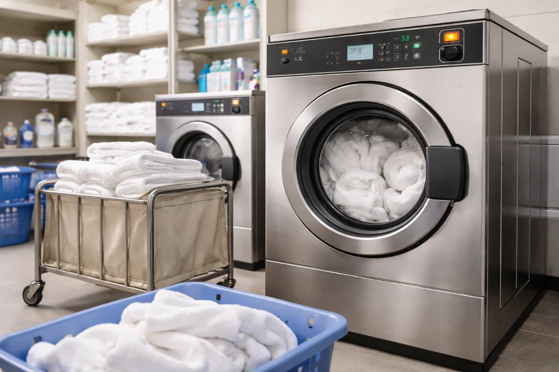 A high-efficiency commercial washing machine used by a professional laundry service for home. Quote 