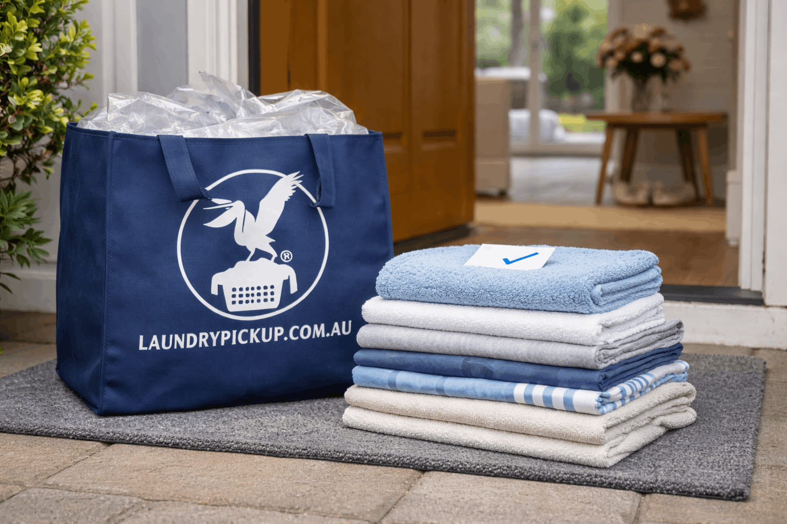 Neatly folded clean laundry delivered to home