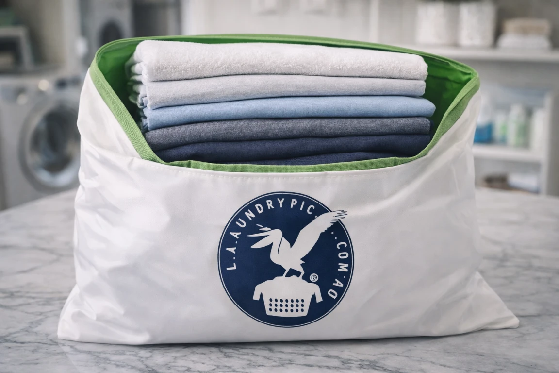 A stack of perfectly folded clean laundry in a LaundryPickup.com.au delivery bag.