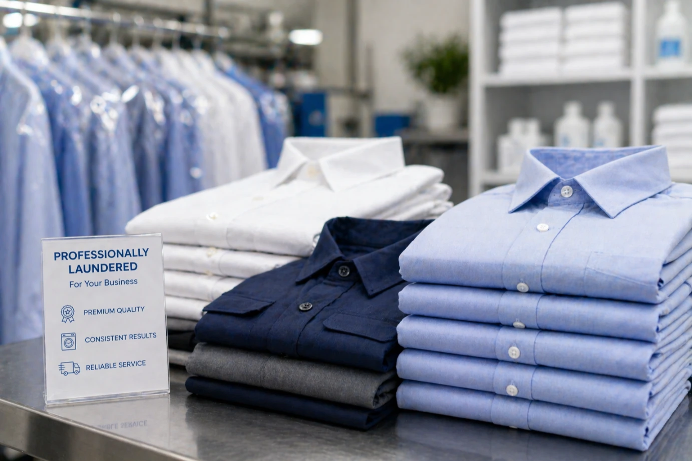 High-quality folded business shirts and uniforms processed by a professional laundry service for businesses.