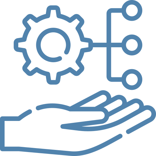 Hand under a gear with an attached network diagram, symbolizing IT automation or supported setup services