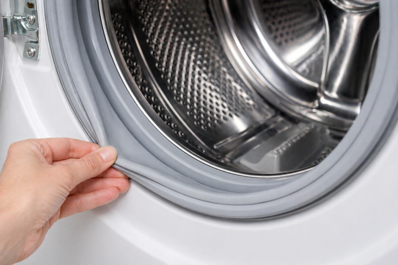 Essential washing machine tips showing how to clean the rubber seal to prevent odours.