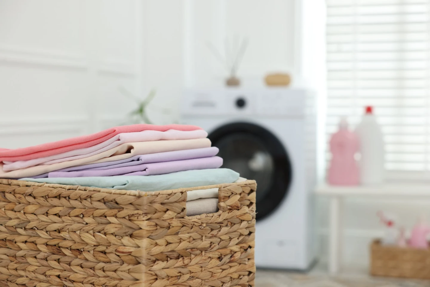 Laundry basket with folded pastel towels in front of a washing machine, perfect for Fortnightly Laundry Support Inner West Sydney.