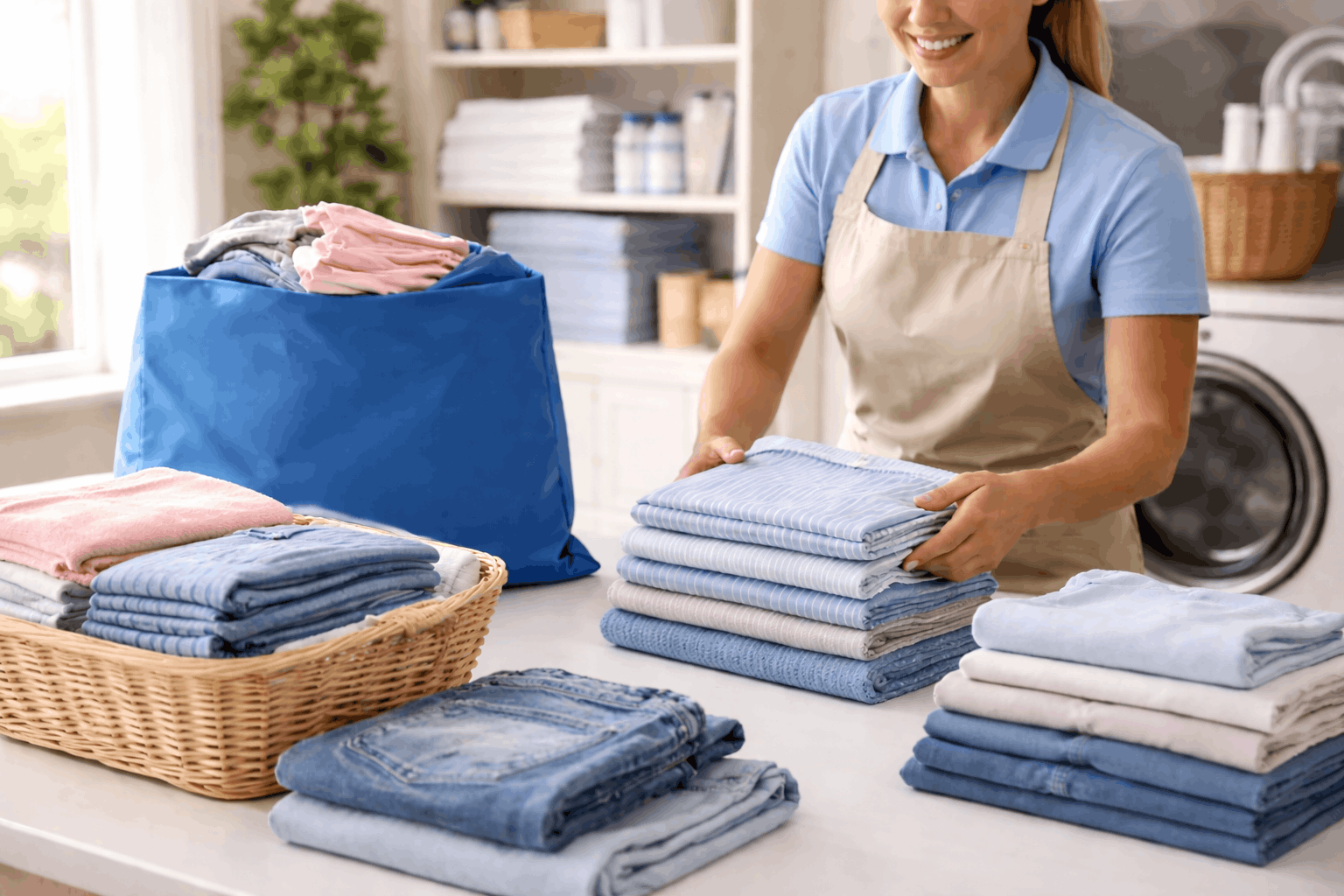 Person in apron folding laundry with stacks of clean clothes, basket, and washing machine—Inner West Sydney washing.